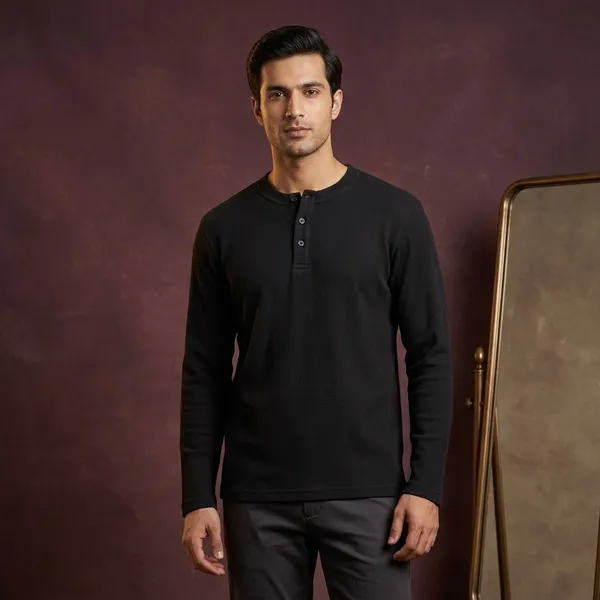 Black_Waffle_Knit_Henley_Long_Sleeve_T-Shirt_For_Men