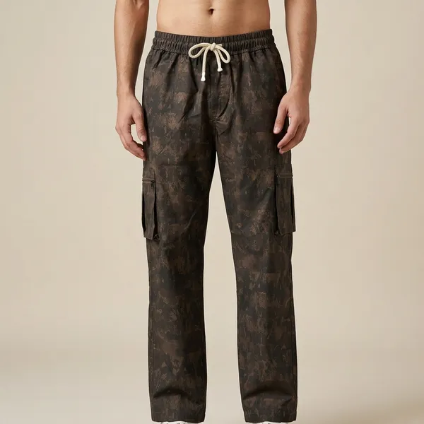 Brown_Camouflage_Print_Cargo_Pants_With_Drawstring_Waist