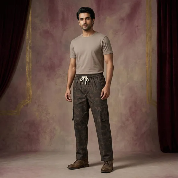 Brown_Camouflage_Print_Cargo_Pants_With_Drawstring_Waist