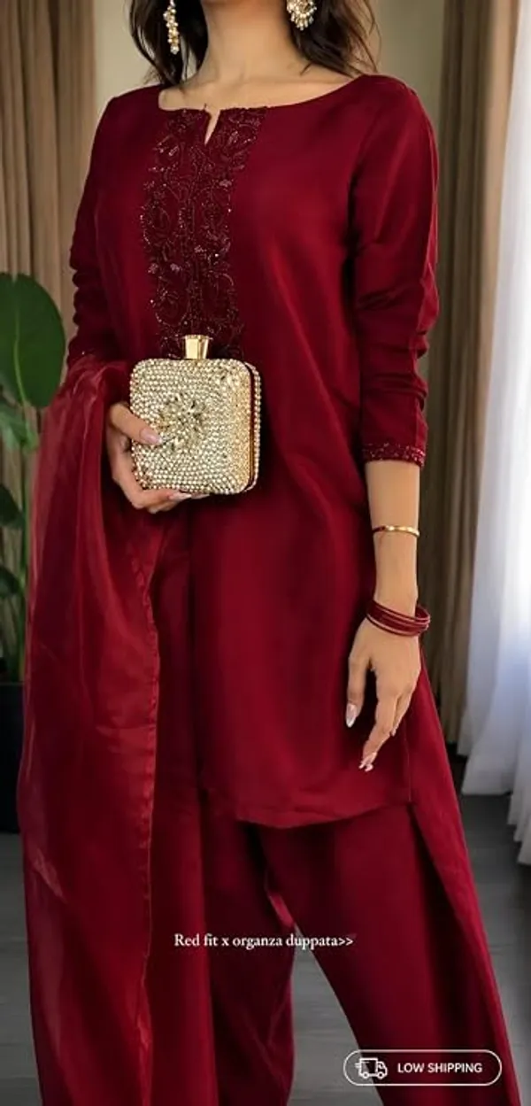 Maroon_Georgette_Embroidered_Straight_Kurta_Palazzo_Set_With_Dupatta_For_Women