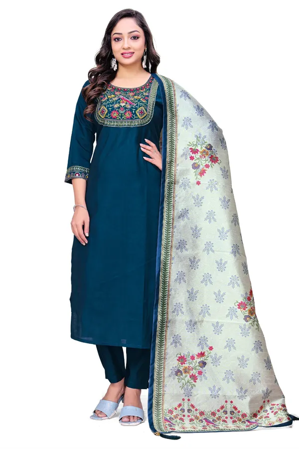 Teal_Georgette_Embroidered_Straight_Kurta_Pant_Set_With_Dupatta_For_Women