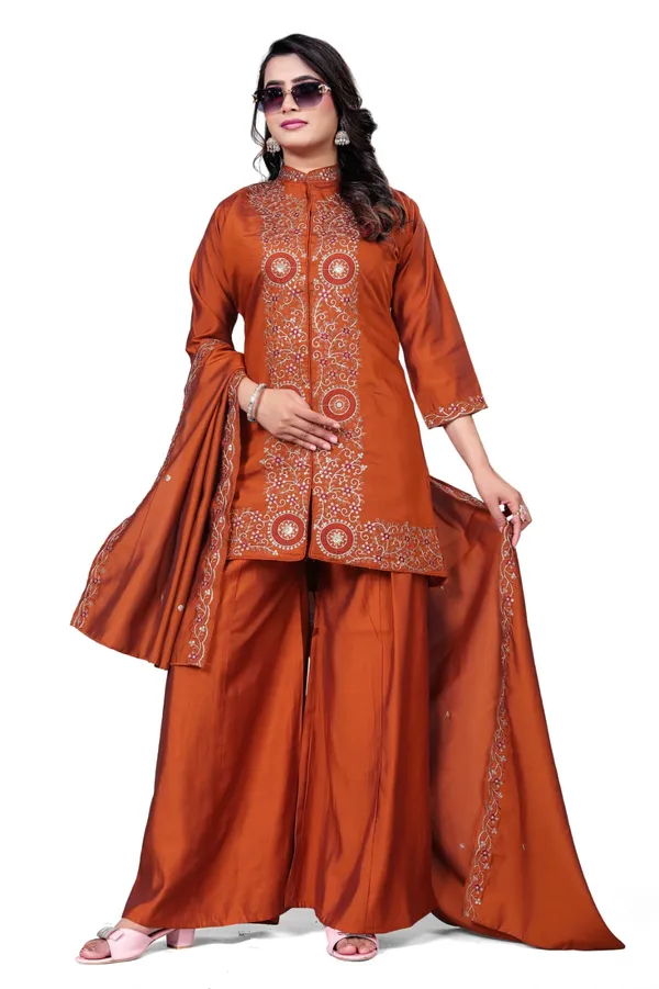 Rust_Georgette_Embroidered_Sharara_Suit_With_Dupatta_For_Women