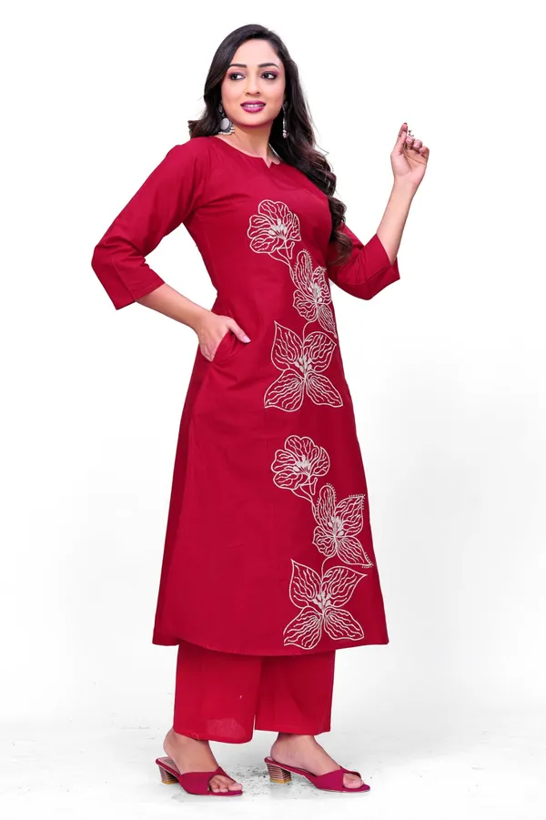 Maroon_Georgette_Floral_Embroidered_Straight_Coord_Set_For_Women