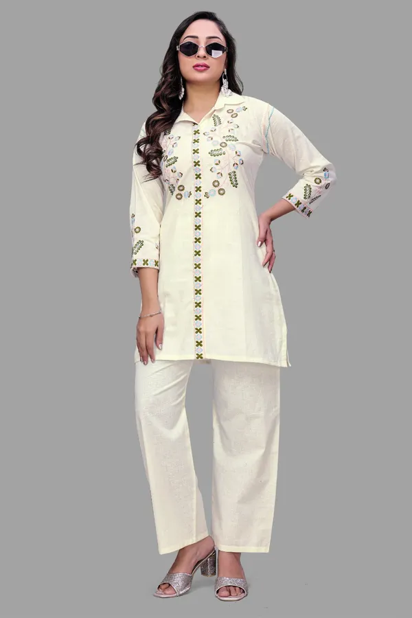 Cream_Georgette_Embroidered_Collared_Straight_Coord_Set_For_Women