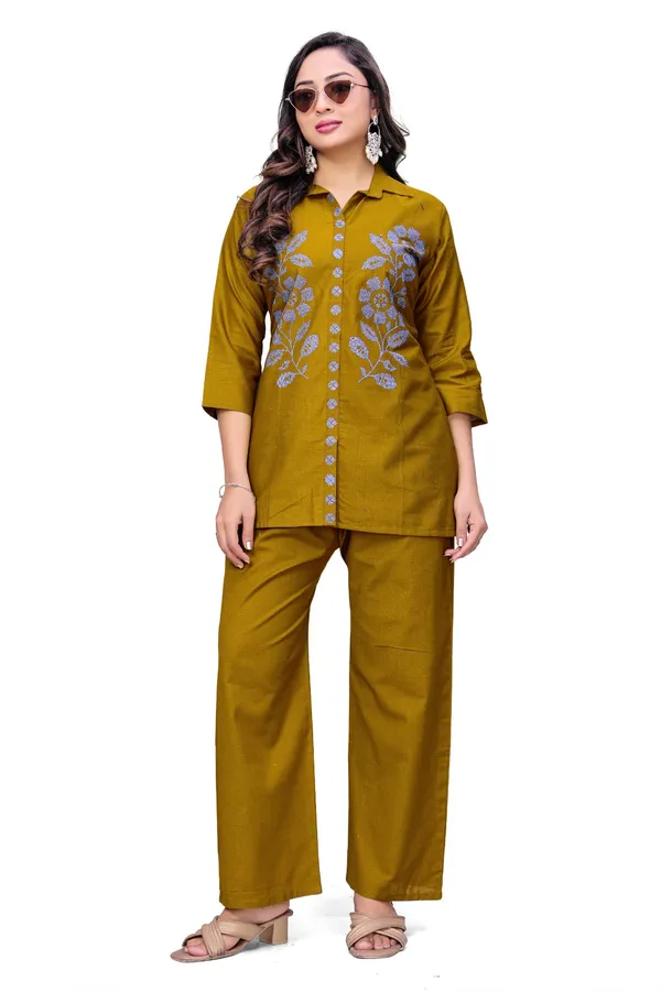 Mustard_Georgette_Floral_Embroidered_Collared_Coord_Set_For_Women
