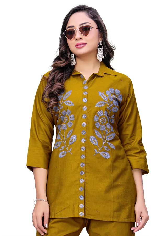 Mustard_Georgette_Floral_Embroidered_Straight_Kurta_Pant_Set_For_Women
