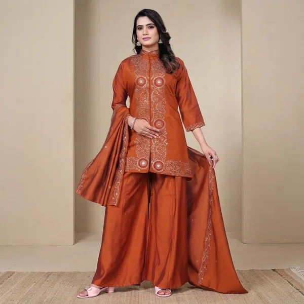 Rust_Georgette_Embroidered_Sharara_Suit_With_Dupatta_For_Women