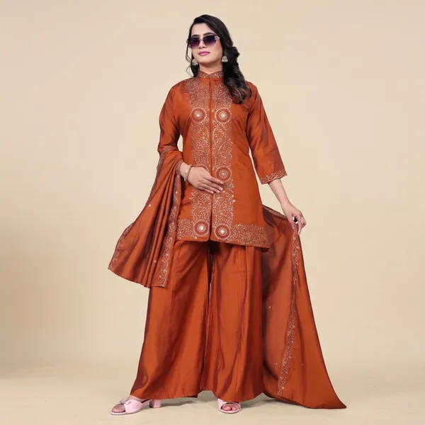 Rust_Georgette_Embroidered_Sharara_Suit_With_Dupatta_For_Women