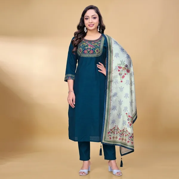 Teal_Georgette_Embroidered_Straight_Kurta_Pant_Set_With_Dupatta_For_Women