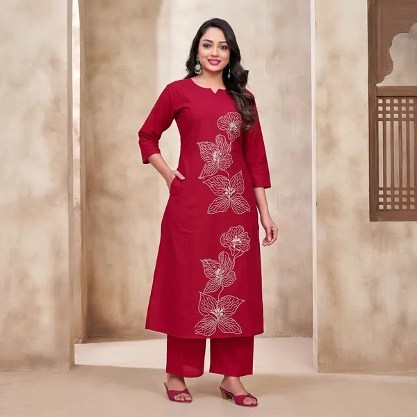 Maroon_Georgette_Floral_Embroidered_Straight_Coord_Set_For_Women