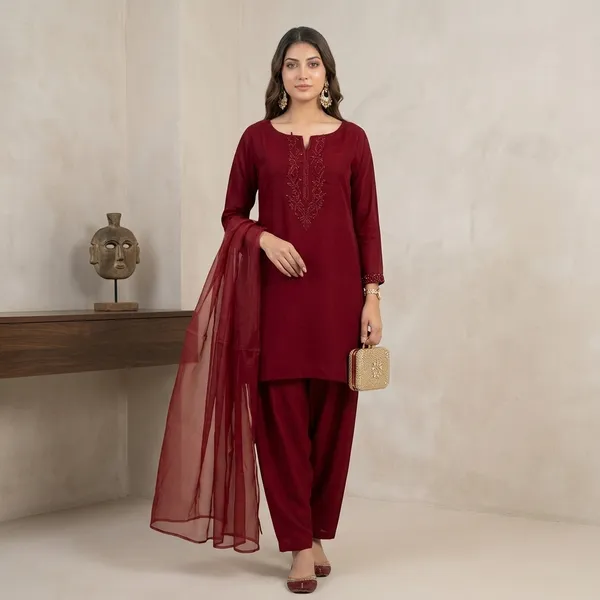 Maroon_Georgette_Embroidered_Straight_Kurta_Palazzo_Set_With_Dupatta_For_Women