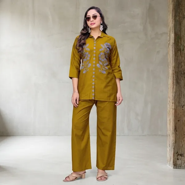 Mustard_Georgette_Floral_Embroidered_Collared_Coord_Set_For_Women