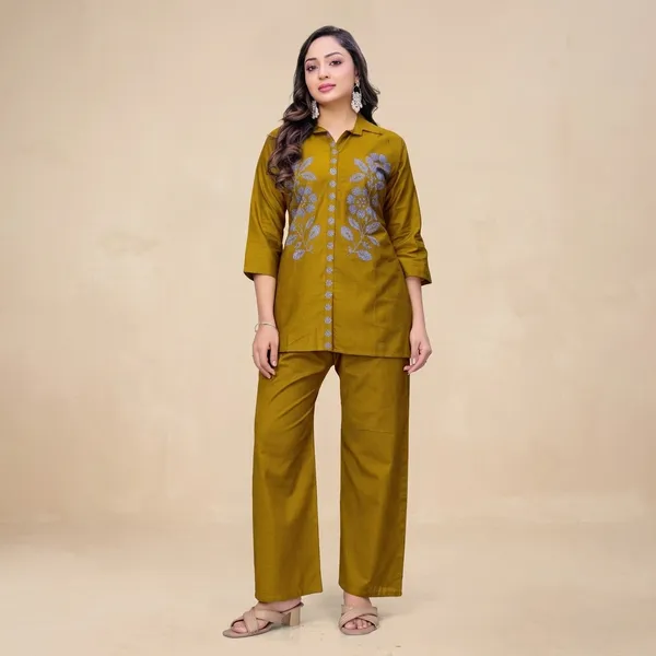 Mustard_Georgette_Floral_Embroidered_Collared_Coord_Set_For_Women