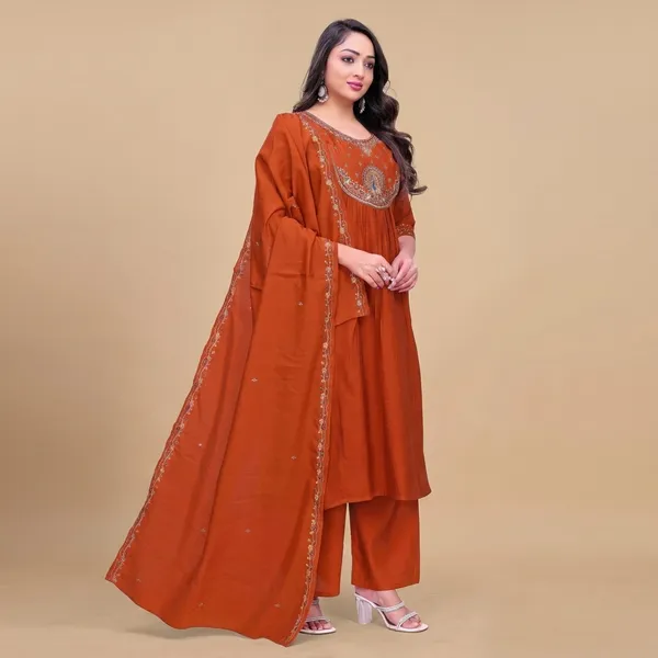 Rust_Georgette_Embroidered_A_Line_Kurta_Palazzo_Set_With_Dupatta_For_Women