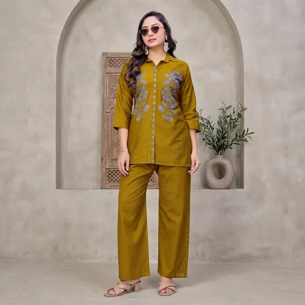 Mustard_Georgette_Floral_Embroidered_Straight_Kurta_Pant_Set_For_Women