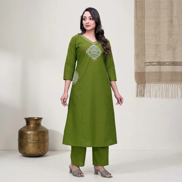 Green_Georgette_Embroidered_Straight_Kurti_Pant_Set_For_Women