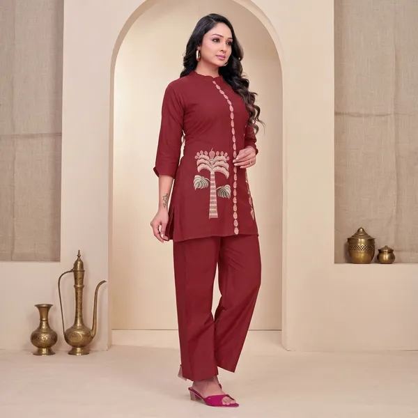 Maroon_Georgette_Embroidered_Straight_Co_Ord_Set_For_Women