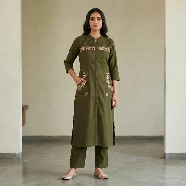 Olive_Green_Georgette_Embroidered_Straight_Kurti_Pant_Set_For_Women