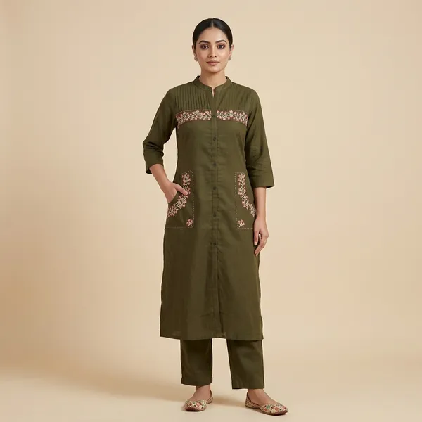 Olive_Green_Georgette_Embroidered_Straight_Kurti_Pant_Set_For_Women