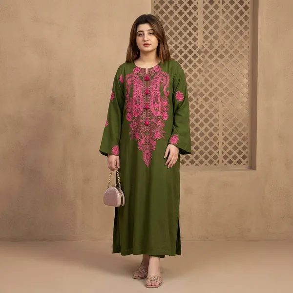 Olive_Green_Georgette_Embroidered_Straight_Kurti_Pant_Set_For_Women