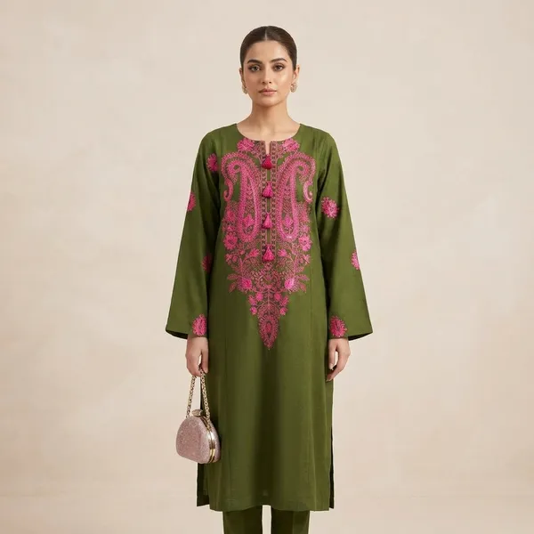 Olive_Green_Georgette_Embroidered_Straight_Kurti_Pant_Set_For_Women