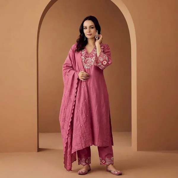 Pink_Georgette_Floral_Embroidered_Straight_Kurti_Pant_Set_For_Women