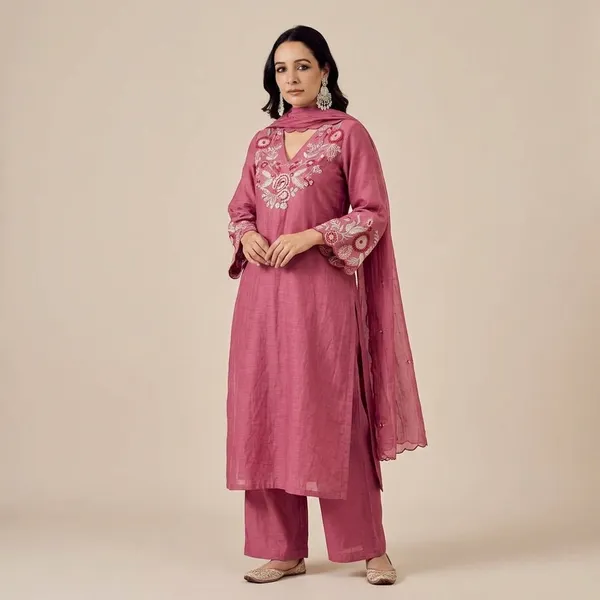 Pink_Georgette_Floral_Embroidered_Straight_Kurti_Pant_Set_For_Women