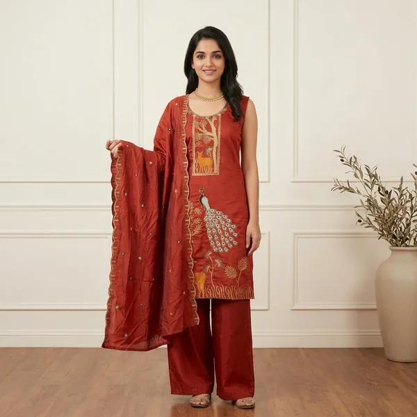 Rust_Georgette_Peacock_Embroidered_Kurti_Pant_Dupatta_Set_For_Women