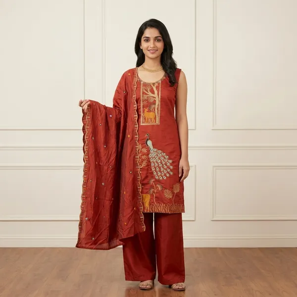 Rust_Georgette_Peacock_Embroidered_Kurti_Pant_Dupatta_Set_For_Women