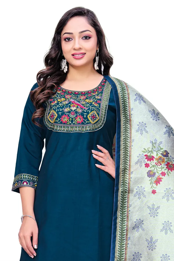 Teal_Georgette_Embroidered_Straight_Kurta_Pant_Set_With_Dupatta_For_Women