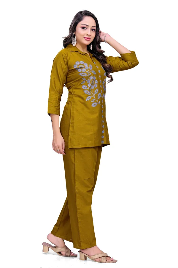 Mustard_Georgette_Floral_Embroidered_Collared_Coord_Set_For_Women