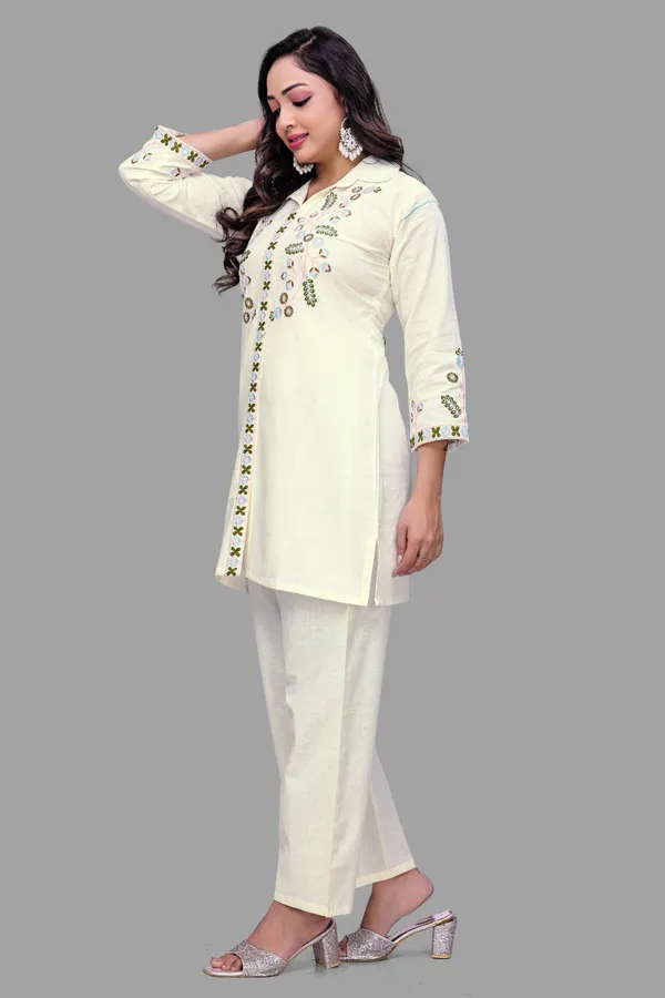 Cream_Georgette_Embroidered_Collared_Straight_Coord_Set_For_Women