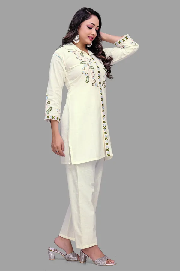 Cream_Georgette_Embroidered_Collared_Straight_Coord_Set_For_Women