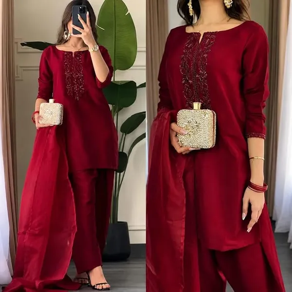 Maroon_Georgette_Embroidered_Straight_Kurta_Palazzo_Set_With_Dupatta_For_Women
