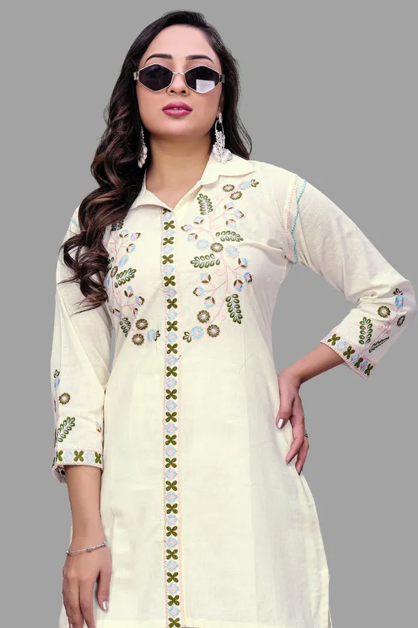 Cream_Georgette_Embroidered_Collared_Straight_Coord_Set_For_Women