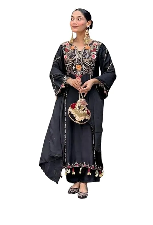Black_Georgette_Embroidered_Straight_Kurta_Palazzo_Set_With_Dupatta_For_Women