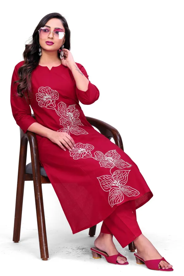 Maroon_Georgette_Floral_Embroidered_Straight_Coord_Set_For_Women