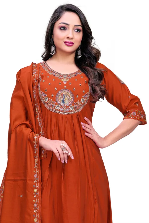 Rust_Georgette_Embroidered_A_Line_Kurta_Palazzo_Set_With_Dupatta_For_Women