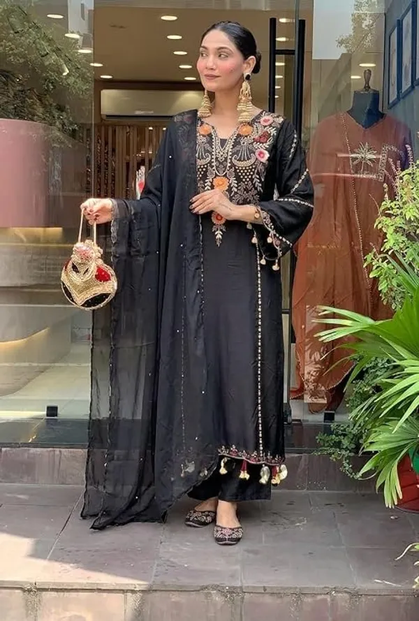 Black_Georgette_Embroidered_Straight_Kurta_Palazzo_Set_With_Dupatta_For_Women