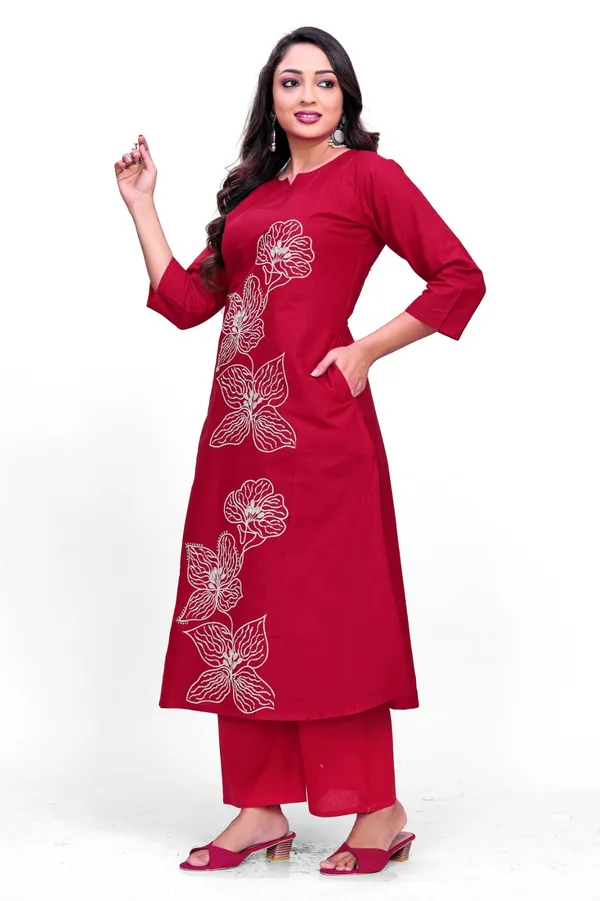Maroon_Georgette_Floral_Embroidered_Straight_Coord_Set_For_Women