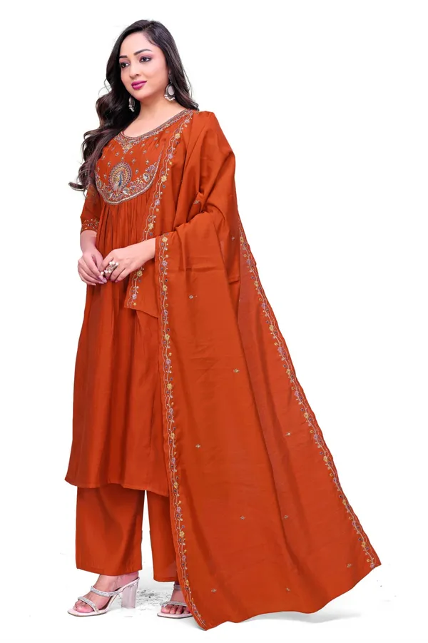 Rust_Georgette_Embroidered_A_Line_Kurta_Palazzo_Set_With_Dupatta_For_Women