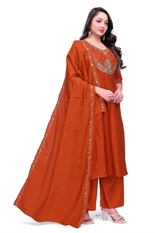 Rust_Georgette_Embroidered_A_Line_Kurta_Palazzo_Set_With_Dupatta_For_Women