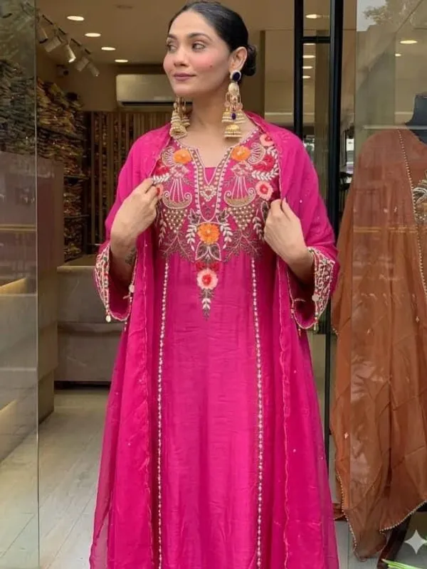 Pink_Georgette_Flared_Anarkali_Kurti_Pant_Dupatta_Set_For_Women