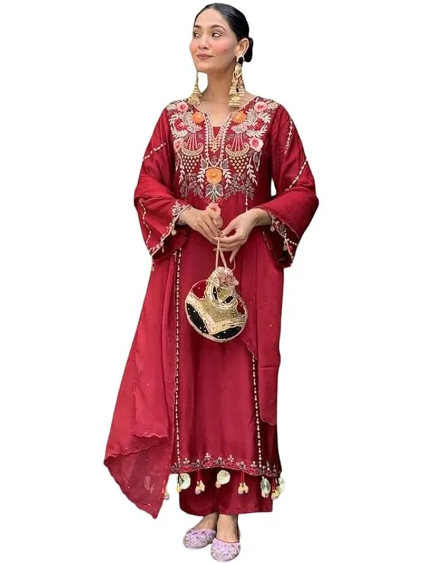 Red_Georgette_Embroidered_Straight_Kurta_With_Dupatta_For_Women