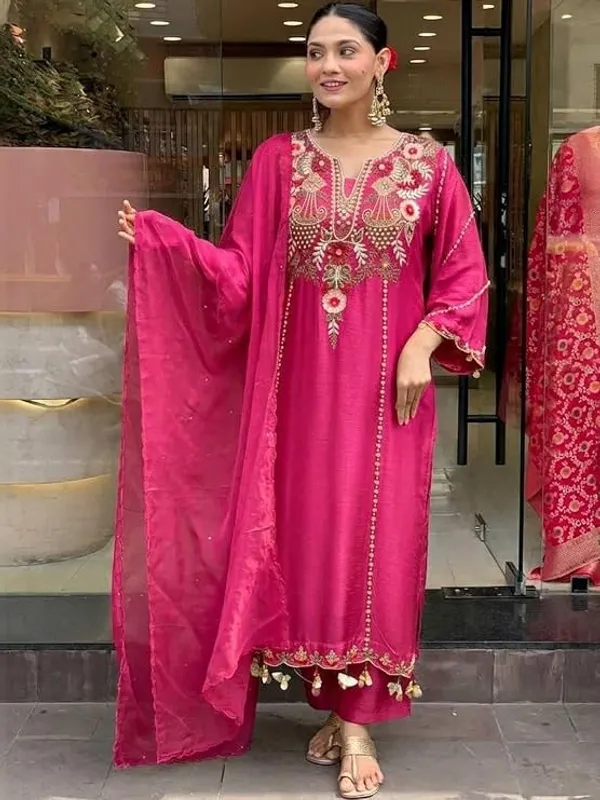 Pink_Georgette_Flared_Anarkali_Kurti_Pant_Dupatta_Set_For_Women