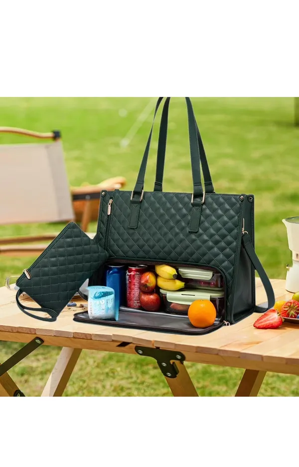 Veloure_Dark_Green_Pu_Quilted_Insulated_Tote_Bag_For_Women