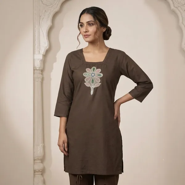 Olive_Green_Glaze_Cotton_Embroidered_Square_Neck_Short_Kurti_For_Women