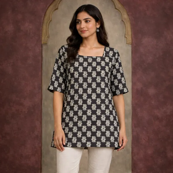 Brown_Cotton_Bear_Print_Three_Quarter_Sleeve_Short_Kurti_For_Women