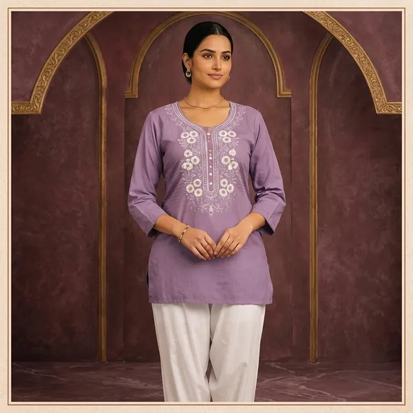 Mauve_Cotton_Embroidered_Short_Kurta_For_Women