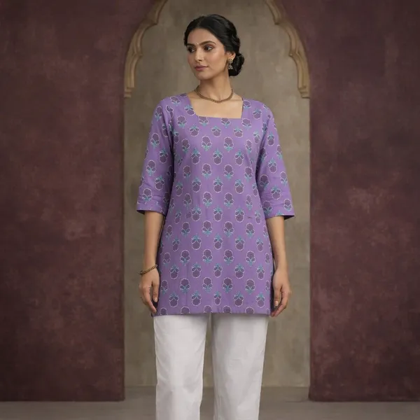 Purple_Cotton_Floral_Print_Square_Neck_Short_Kurti_For_Women